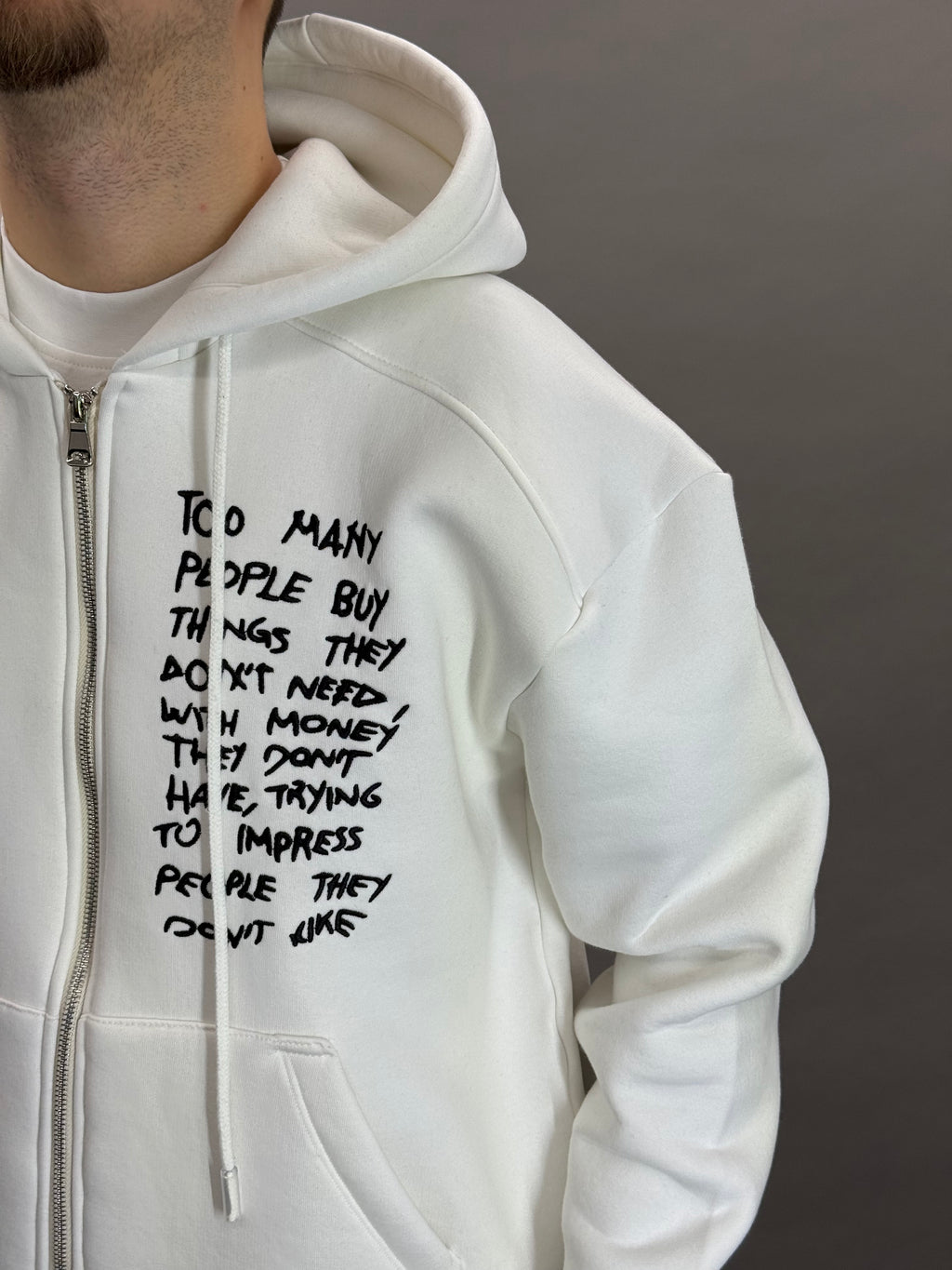 White Hoodie Zip Too Many