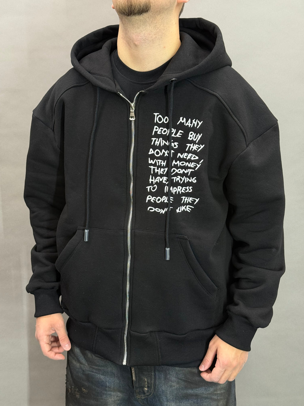 Black Hoodie Zip Too Many