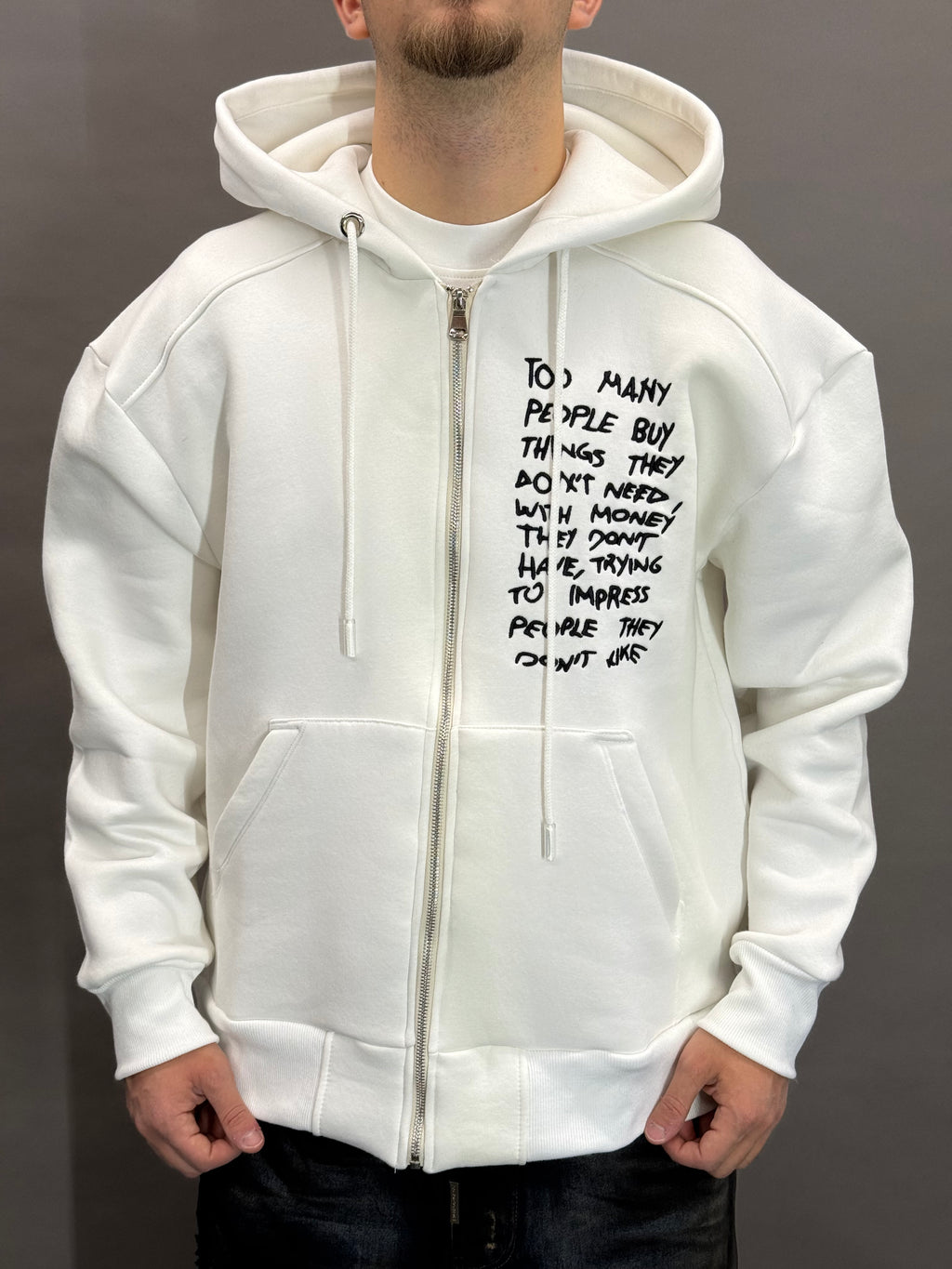 White Hoodie Zip Too Many