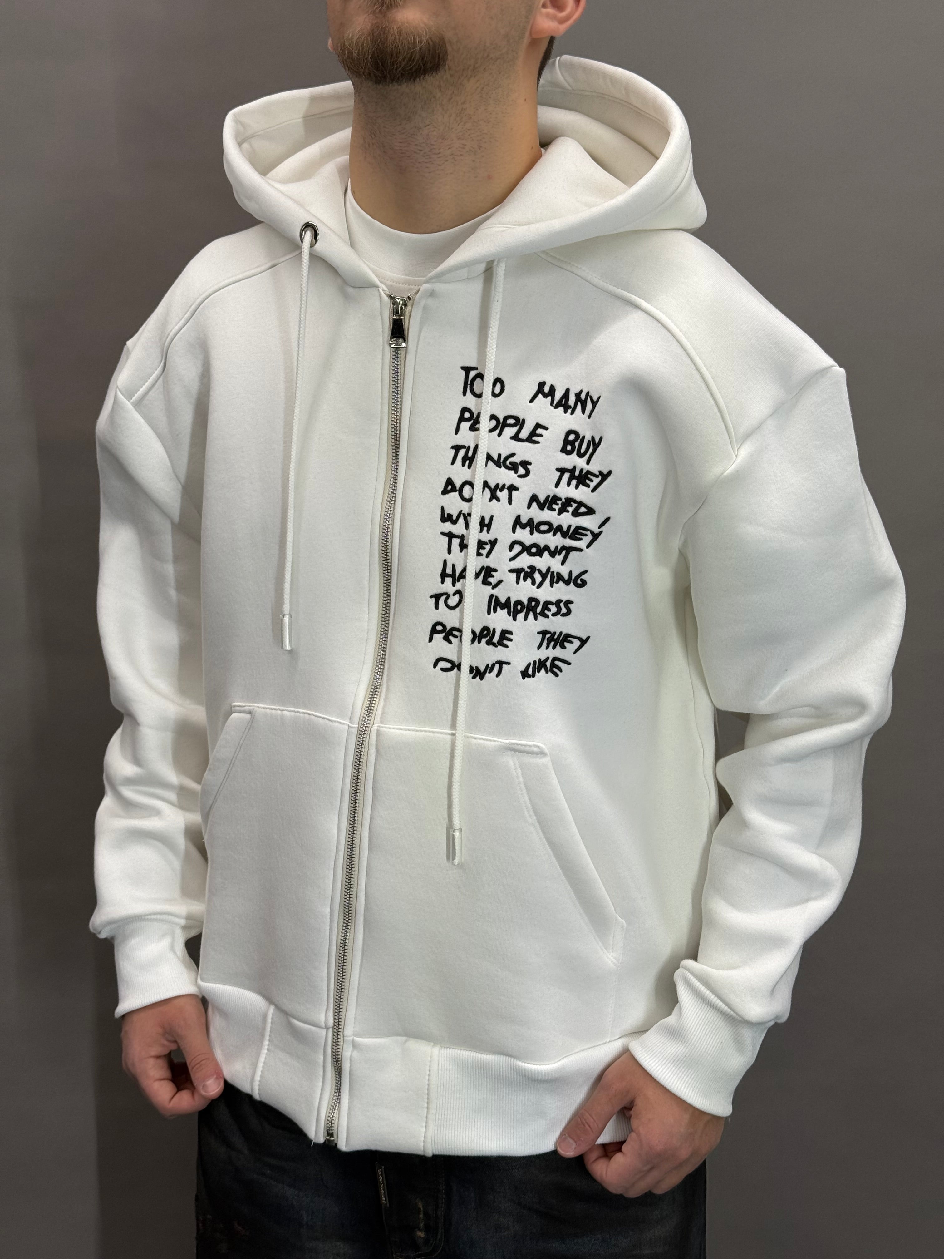 White Hoodie Zip Too Many