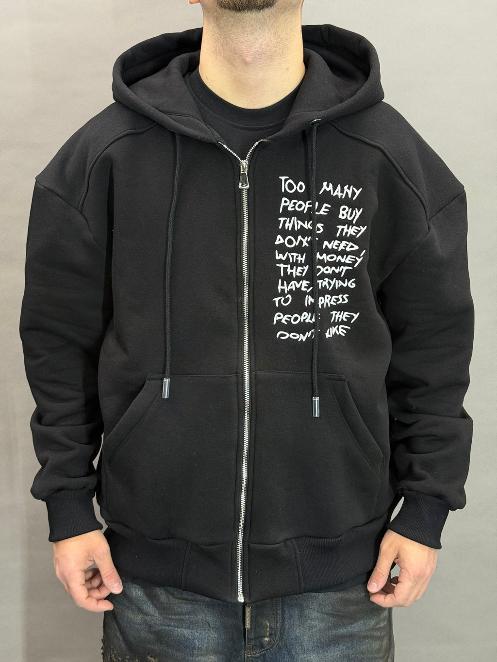 Black Hoodie Zip Too Many